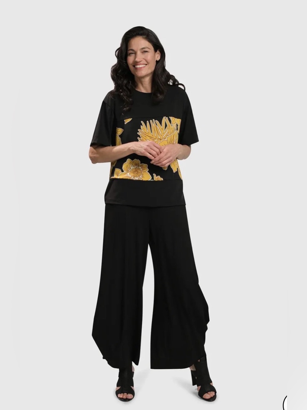 ALEMBIKA Black Top with Yellow Floral Panel Size XL